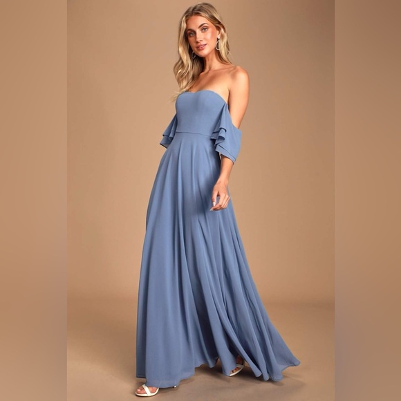 LULUS | Abbington Denim Blue Off-the-Shoulder Maxi Dress in Size Small - Picture 3 of 8